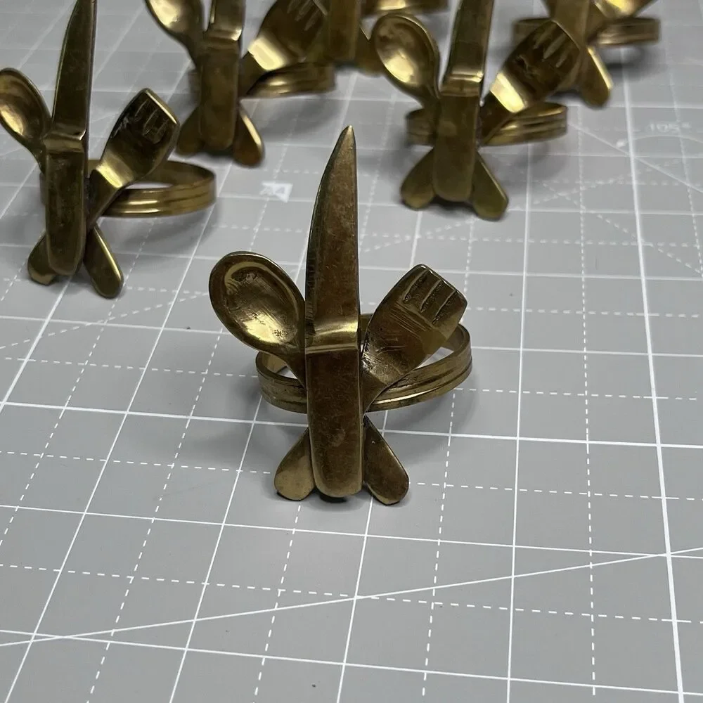 Lot Of 6 Brass MCM Napkin Holders Spoon Fork Knife Flatware Theme Table Setting